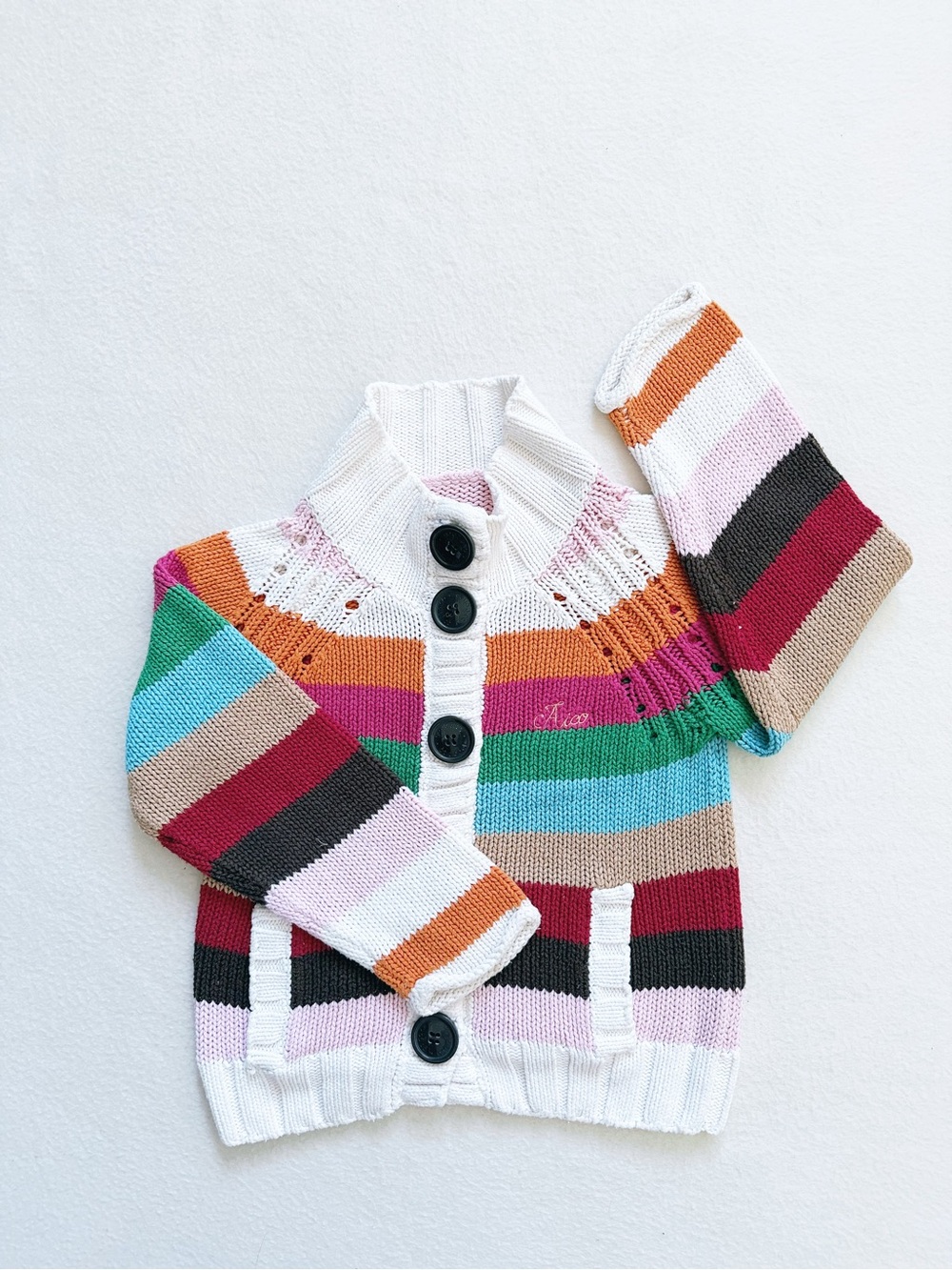 Aico Toddler Girl Chunky Knit Rainbow Multi Stripe Button Cardigans Sweater Top